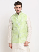 Men's Green Green and White Embroidered Nehru Jacket